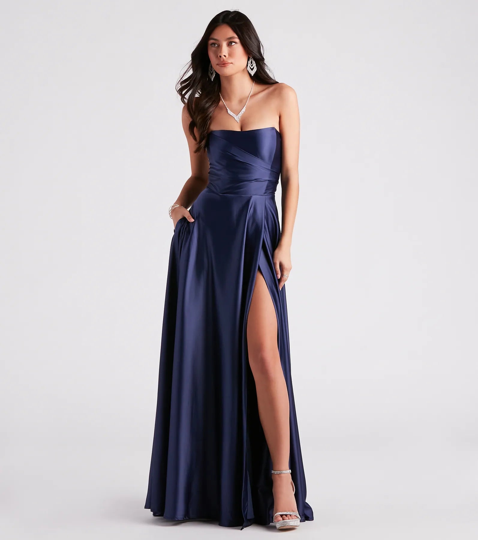 Maxi Dresses with Metallic Thread Embroidery for a Shiny and Luxurious LookBriana Formal Satin Strapless A-Line Dress Maxi Dresses with Metallic Thread Embroidery for a Shiny and Luxurious LookBriana Formal Satin Strapless A-Line Dress