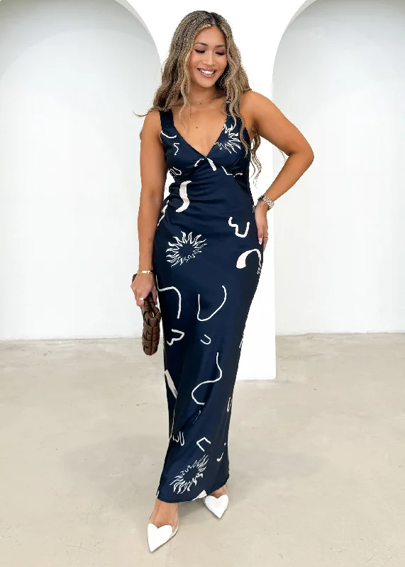Bohemian Printed Maxi Dresses for Summer VacationsTaleena Maxi Dress - Navy Abstract Bohemian Printed Maxi Dresses for Summer VacationsTaleena Maxi Dress - Navy Abstract