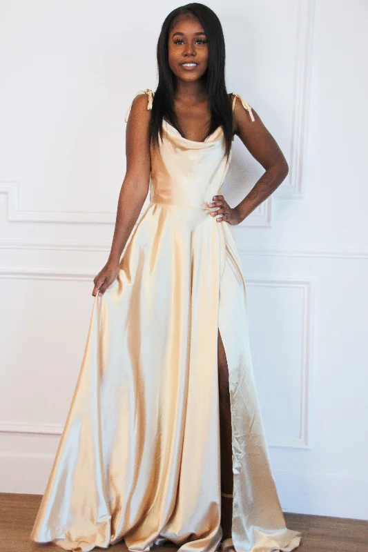 Maxi Dresses with Sequined and Beaded Embellishments for a Lavish LookTonight's the Night Satin Formal Dress: GOLDEN Champagne Maxi Dresses with Sequined and Beaded Embellishments for a Lavish LookTonight's the Night Satin Formal Dress: GOLDEN Champagne