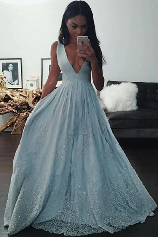 Puff Sleeve Party Dresses with Bell Bottom for Ladies' 80s Style PartyA-Line Deep V-neck Light Blue Prom Dress with Appliques Beading PG387 Puff Sleeve Party Dresses with Bell Bottom for Ladies' 80s Style PartyA-Line Deep V-neck Light Blue Prom Dress with Appliques Beading PG387