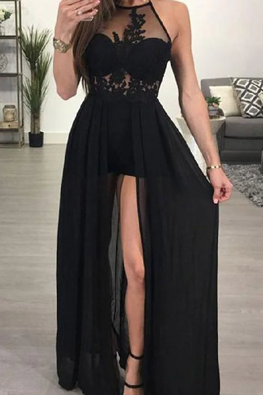 Sleeveless Party Dresses with Sequined Neckline for Ladies' Glamorous AppealA-line Halter Black Chiffon Sexy Long Prom Dress Evening Dress PG420 Sleeveless Party Dresses with Sequined Neckline for Ladies' Glamorous AppealA-line Halter Black Chiffon Sexy Long Prom Dress Evening Dress PG420