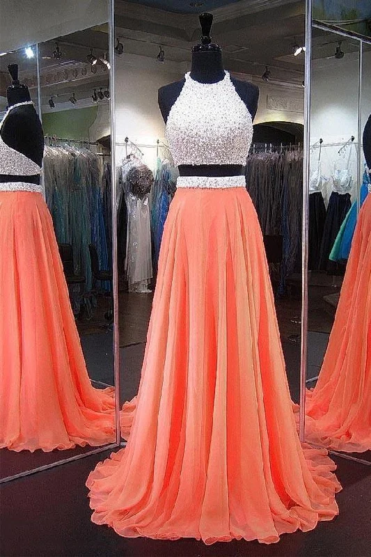 Empire Waist Party Dresses with Satin Sash for Ladies' Curvy Figure FlatteringA-line Halter Chiffon Sweep Train Backless Two Piece Prom Dresses PG386 Empire Waist Party Dresses with Satin Sash for Ladies' Curvy Figure FlatteringA-line Halter Chiffon Sweep Train Backless Two Piece Prom Dresses PG386