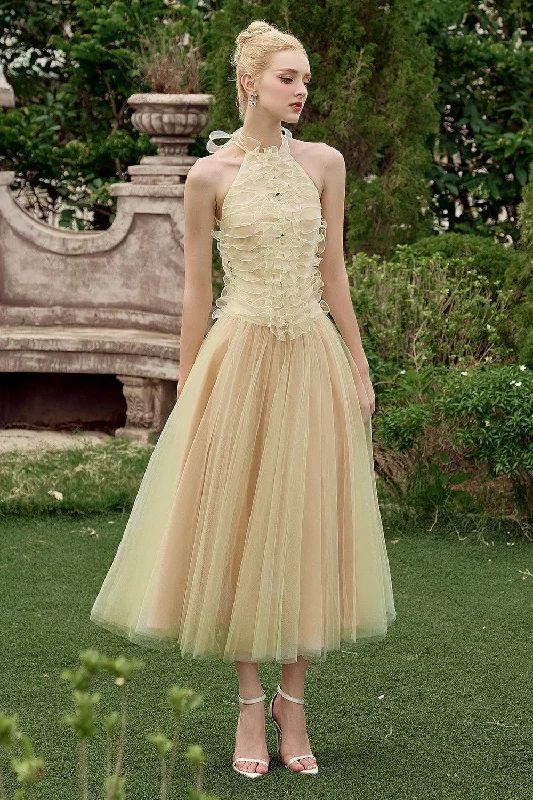 Party Dresses with Sequined Star Motifs and Sheer Sleeve and Ruffled Hem for Ladies' Celestial and Flirty LookAnthea Halter Sleeveless Tulle Ankle Length Dress