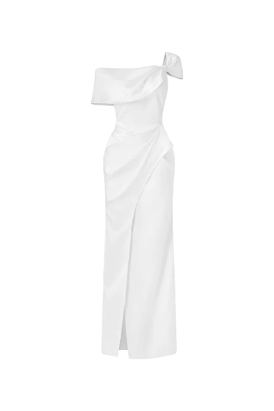 Party Dresses with Sheer Panels and Beaded Trim and Embroidered Paisley Patterns for Ladies' Sultry and Exotic LookAriadne Slit Asymmetric Neck Silk Ankle Length Dress Party Dresses with Sheer Panels and Beaded Trim and Embroidered Paisley Patterns for Ladies' Sultry and Exotic LookAriadne Slit Asymmetric Neck Silk Ankle Length Dress