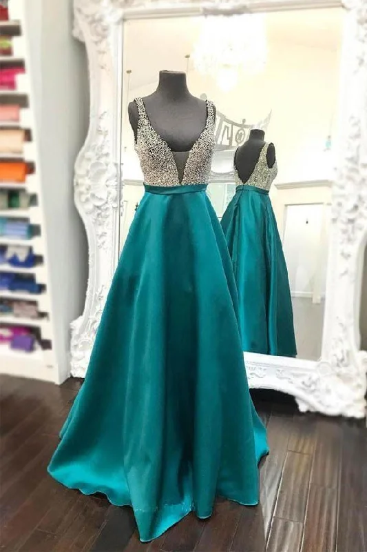 Party Dresses with Satin Trimmed Collar and Bow Back and Embroidered Skirt for Ladies' Classic and Intricate LookBeaded Plunging V-neckline Floor-length Teal Green Satin Prom Dress PG395 Party Dresses with Satin Trimmed Collar and Bow Back and Embroidered Skirt for Ladies' Classic and Intricate LookBeaded Plunging V-neckline Floor-length Teal Green Satin Prom Dress PG395