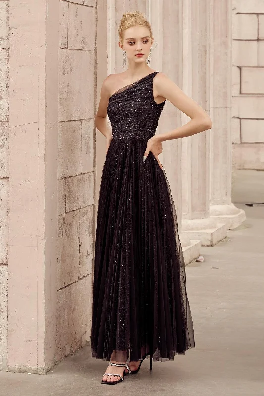 Party Dresses with Satin and Lace Trimmed Neckline and Ruffled Sleeves for Ladies' Sophisticated and Girly LookBelle Pleated One Shoulder Tulle Ankle Length Dress Party Dresses with Satin and Lace Trimmed Neckline and Ruffled Sleeves for Ladies' Sophisticated and Girly LookBelle Pleated One Shoulder Tulle Ankle Length Dress