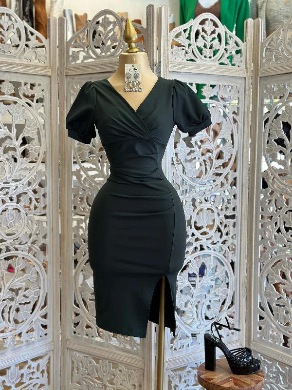 Party Dresses with Satin Trimmed Collar and Ruffled Hem for Ladies' Classic and Girly LookBlack Puff Sleeve Cross Front Dress Party Dresses with Satin Trimmed Collar and Ruffled Hem for Ladies' Classic and Girly LookBlack Puff Sleeve Cross Front Dress
