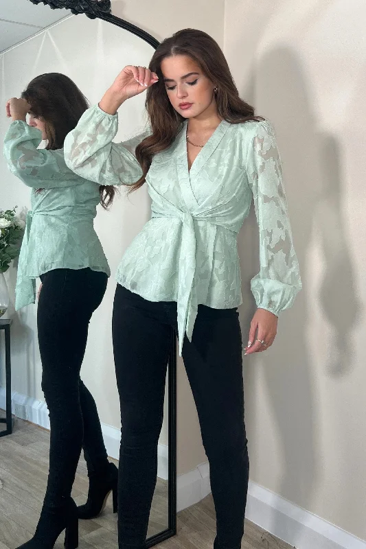 Taffeta Party Dresses with Pleated Bodice for Ladies' Structured and Formal LookBrooke Wrap Tie Long Sleeve Burnout Mint Taffeta Party Dresses with Pleated Bodice for Ladies' Structured and Formal LookBrooke Wrap Tie Long Sleeve Burnout Mint
