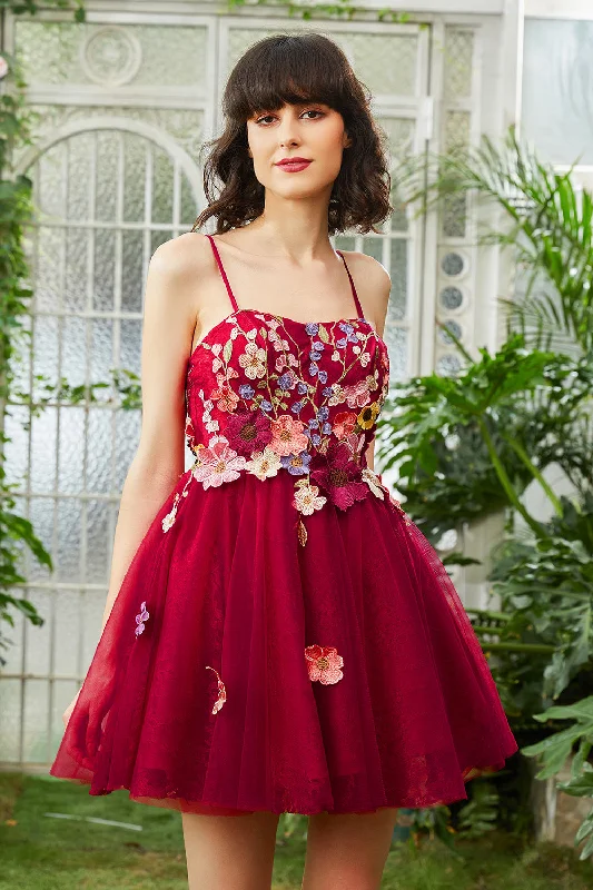 Party Dresses with Rhinestone Embellishments and Sheer Sleeves for Ladies' Luxurious and Alluring LookBurgundy A Line Spaghetti Straps Short Prom Dress With 3D Flowers Party Dresses with Rhinestone Embellishments and Sheer Sleeves for Ladies' Luxurious and Alluring LookBurgundy A Line Spaghetti Straps Short Prom Dress With 3D Flowers