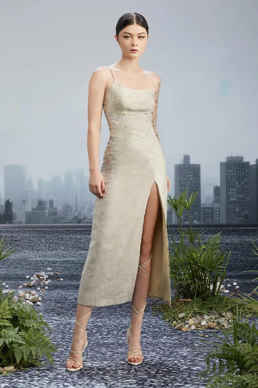 Party Dresses with Embroidered Paisley Patterns and Sequined Bodice for Ladies' Exotic and Glamorous LookComma Slit One Shoulder Brocade Calf Length Dress Party Dresses with Embroidered Paisley Patterns and Sequined Bodice for Ladies' Exotic and Glamorous LookComma Slit One Shoulder Brocade Calf Length Dress