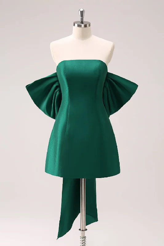 Party Dresses with Bell Sleeves and Ruffled Hem for Ladies' Retro CharmDark Green Strapless A Line Short Graduation Dress with Bow Party Dresses with Bell Sleeves and Ruffled Hem for Ladies' Retro CharmDark Green Strapless A Line Short Graduation Dress with Bow