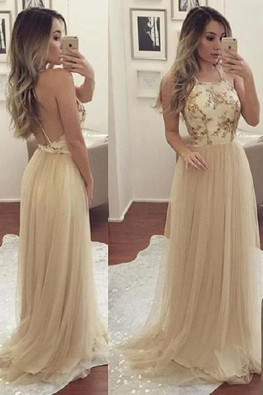 Vintage Inspired Party Dresses for Ladies' Retro Themed GatheringsElegant Tulle Open Back Long Prom Dresses Party Dresses PG389