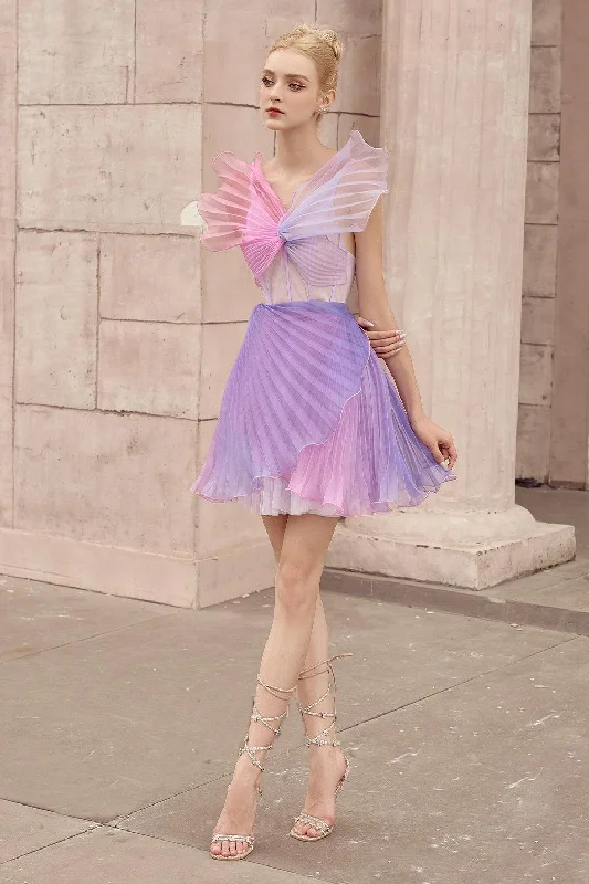 One Shoulder Party Dresses with Lace Overlay for Ladies' Sophisticated AppealEuterpe Pleated V-Neck Chiffon Mini Dress One Shoulder Party Dresses with Lace Overlay for Ladies' Sophisticated AppealEuterpe Pleated V-Neck Chiffon Mini Dress