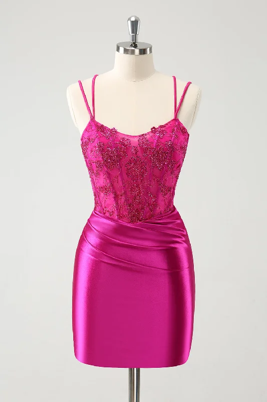 Party Dresses with Sheer Panels and Sequined Trim for Ladies' Sultry and Sparkly LookFuchsia Bodycon Spaghetti Straps Beaded Satin Short Graduation Dress Party Dresses with Sheer Panels and Sequined Trim for Ladies' Sultry and Sparkly LookFuchsia Bodycon Spaghetti Straps Beaded Satin Short Graduation Dress