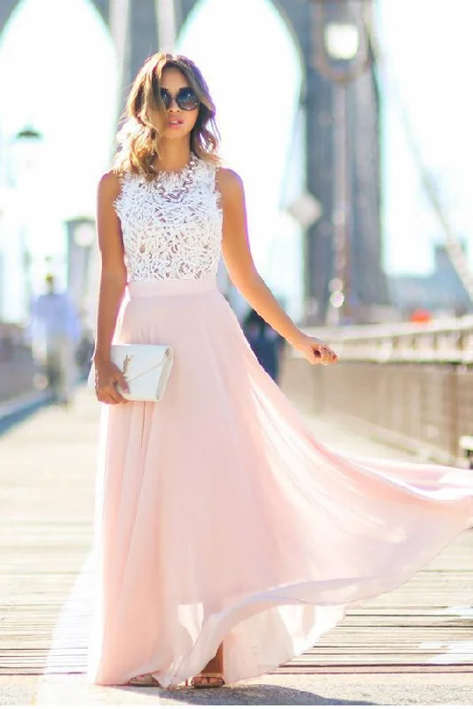 Party Dresses with Embroidered Stars and Sequined Dots and Sheer Sleeve for Ladies' Celestial and Elegant LookGorgeous Crew Long Pink Chiffon Prom Dress with White Lace Top PG391 Party Dresses with Embroidered Stars and Sequined Dots and Sheer Sleeve for Ladies' Celestial and Elegant LookGorgeous Crew Long Pink Chiffon Prom Dress with White Lace Top PG391