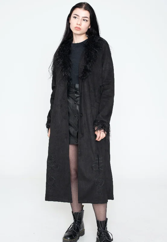 Jacket dresses with a fitted bodice and a flared skirt for a flattering lookJawbreaker - Spirited Embroidered Maxi Suede Black - Jacket Jacket dresses with a fitted bodice and a flared skirt for a flattering lookJawbreaker - Spirited Embroidered Maxi Suede Black - Jacket