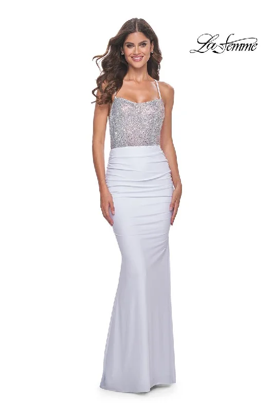 Party Dresses with Tulle Overlay and Beaded Bodice and High Low Hem for Ladies' Dramatic and Graceful LookLa Femme Dress 31989 Party Dresses with Tulle Overlay and Beaded Bodice and High Low Hem for Ladies' Dramatic and Graceful LookLa Femme Dress 31989