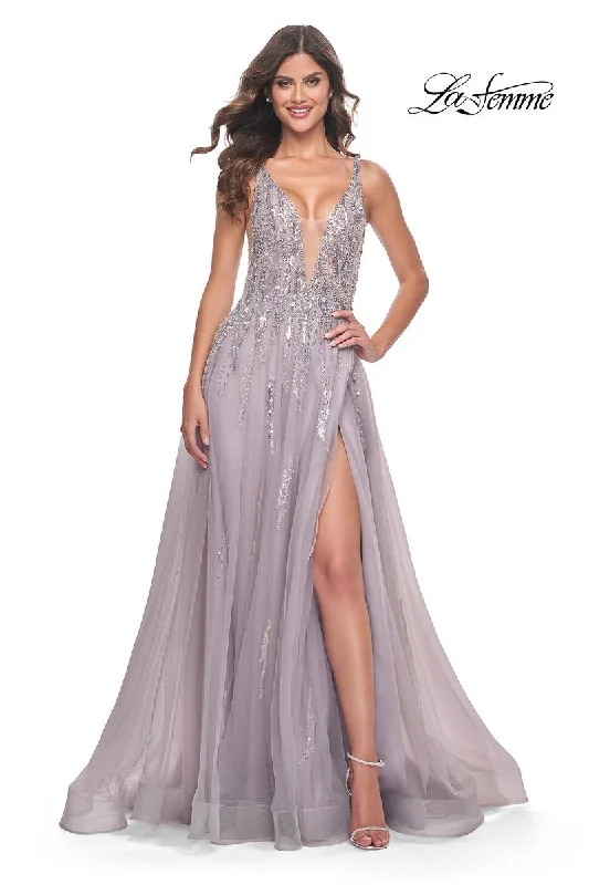 Party Dresses with Embroidered Birds and Sequined Floral Motifs for Ladies' Nature Inspired and Elegant LookLa Femme Dress 31995 Party Dresses with Embroidered Birds and Sequined Floral Motifs for Ladies' Nature Inspired and Elegant LookLa Femme Dress 31995