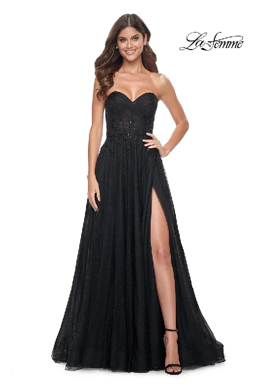 Party Dresses with Sequined Star Motifs and Sheer Sleeve for Ladies' Celestial and Elegant LookLa Femme Dress 32005 Party Dresses with Sequined Star Motifs and Sheer Sleeve for Ladies' Celestial and Elegant LookLa Femme Dress 32005