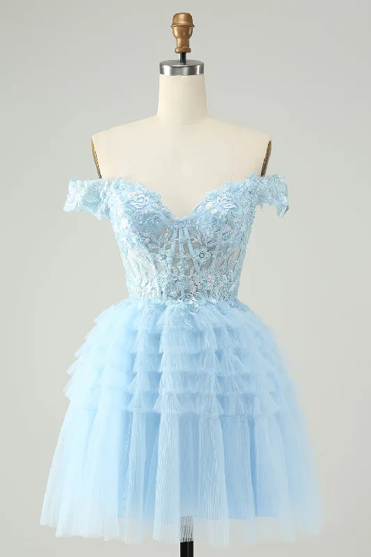 Party Dresses with Lace and Tulle Combo and Bow Accents for Ladies' Fairy Tale LookLight Blue A Line Off The Shoulder Corset Short Graduation Dress Party Dresses with Lace and Tulle Combo and Bow Accents for Ladies' Fairy Tale LookLight Blue A Line Off The Shoulder Corset Short Graduation Dress