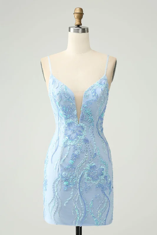A Line Tulle Party Dresses for Ladies with Petite FiguresLight Blue Spaghetti Straps Tight Short Graduation Dress with Sequins A Line Tulle Party Dresses for Ladies with Petite FiguresLight Blue Spaghetti Straps Tight Short Graduation Dress with Sequins
