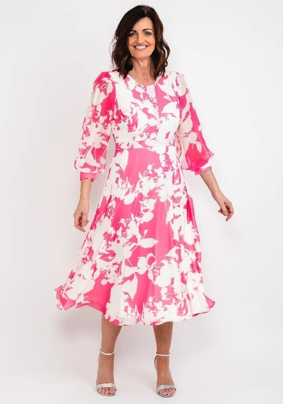Party Dresses with Embroidered Tribal Patterns and Satin Sash for Ladies' Cultural and Stylish LookLizabella Floral Chiffon Maxi Dress, Hot Pink & White