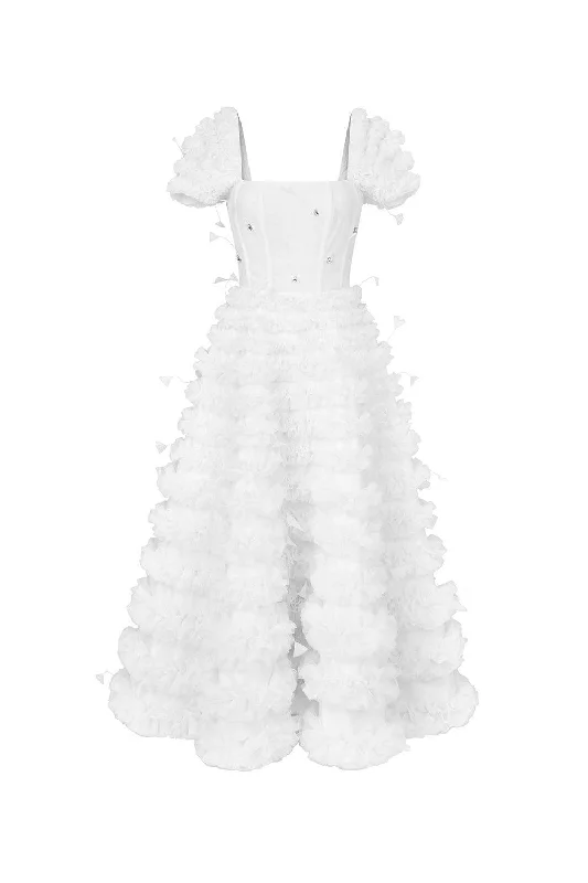 Party Dresses with Sequined Fringe and Tulle Overlay for Ladies' Dazzling and Playful LookLuxe Fit and Flare Square Neck Tulle Ankle Length Dress Party Dresses with Sequined Fringe and Tulle Overlay for Ladies' Dazzling and Playful LookLuxe Fit and Flare Square Neck Tulle Ankle Length Dress