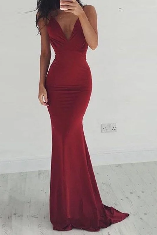 Party Dresses with Sequined Star Motifs and Sheer Sleeve for Ladies' Celestial and Elegant LookMermaid Deep V-Neck Backless Burgundy Satin Prom Dress PG437 Party Dresses with Sequined Star Motifs and Sheer Sleeve for Ladies' Celestial and Elegant LookMermaid Deep V-Neck Backless Burgundy Satin Prom Dress PG437