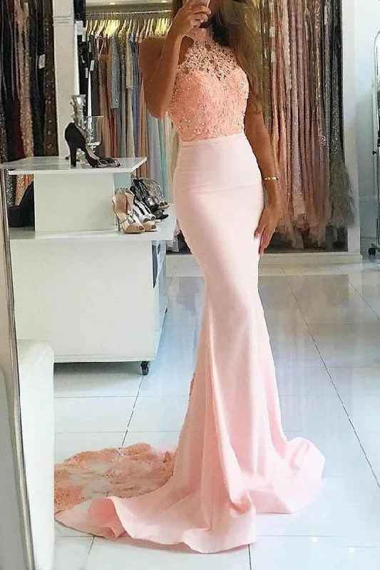 Embroidered Party Dresses with Metallic Thread for Ladies' Cultural FestivalsMermaid High Neck Sweep Train Pink Satin Prom Dress with Beading Lace PG426 Embroidered Party Dresses with Metallic Thread for Ladies' Cultural FestivalsMermaid High Neck Sweep Train Pink Satin Prom Dress with Beading Lace PG426