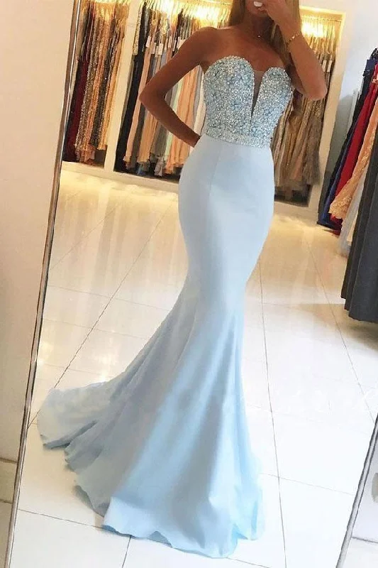 Tiered Party Dresses with Floral Applique for Ladies' Garden PartiesMermaid Sweetheart Sweep Train Blue Prom Dress with Beading PG448 Tiered Party Dresses with Floral Applique for Ladies' Garden PartiesMermaid Sweetheart Sweep Train Blue Prom Dress with Beading PG448