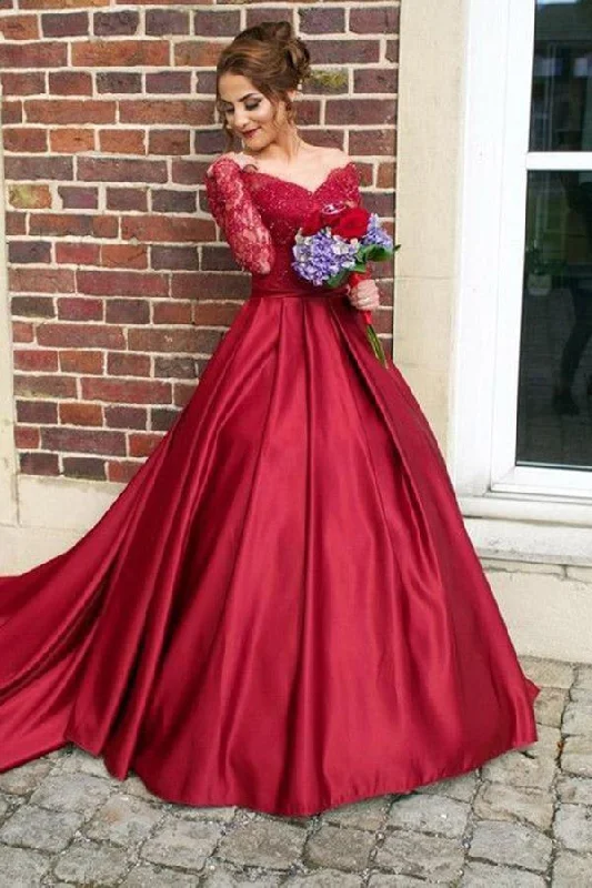 Party Dresses with Embroidered Party Animals and Colorful Sequins for Ladies' Themed Party FunOff-the-Shouler Sweep Train Long Sleeves Burgundy Satin Prom Dress PG441 Party Dresses with Embroidered Party Animals and Colorful Sequins for Ladies' Themed Party FunOff-the-Shouler Sweep Train Long Sleeves Burgundy Satin Prom Dress PG441