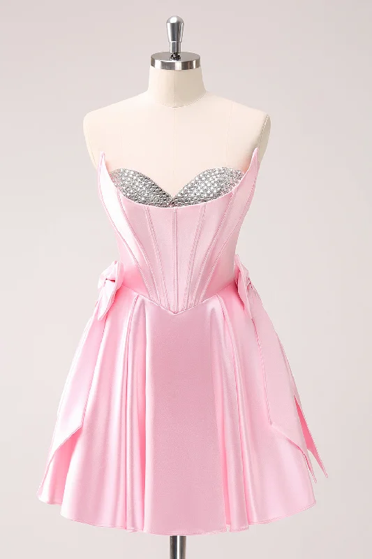 Empire Waist Party Dresses with Satin Sash for Ladies' Curvy Figure FlatteringPink A Line Strapless Corset Beaded Graduation Dress with Bows Empire Waist Party Dresses with Satin Sash for Ladies' Curvy Figure FlatteringPink A Line Strapless Corset Beaded Graduation Dress with Bows