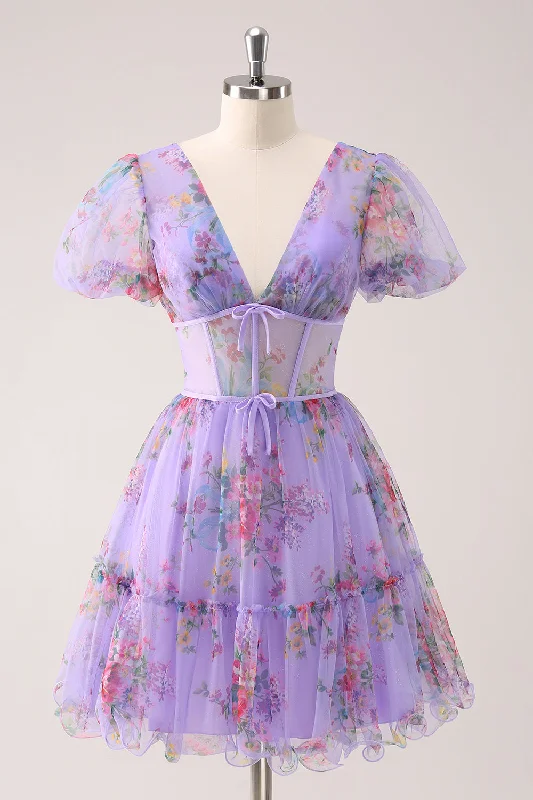 Party Dresses with Cut Out Details and Lace Insertions for Ladies' Bold and Feminine LookPurple A-Line V Neck Corset Short Floral Graduation Dress with Lace Up Back Party Dresses with Cut Out Details and Lace Insertions for Ladies' Bold and Feminine LookPurple A-Line V Neck Corset Short Floral Graduation Dress with Lace Up Back