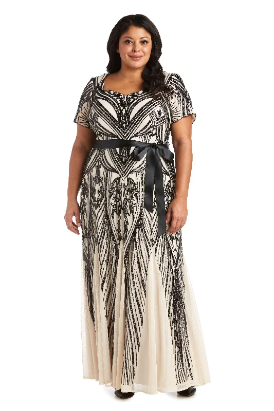 Party Dresses with Satin Trimmed Collar and Bow Back and Embroidered Skirt and Sequined Bodice for Ladies' Classic and Glamorous LookR&M Richards 7385W Long Plus Size Sequins Dress Party Dresses with Satin Trimmed Collar and Bow Back and Embroidered Skirt and Sequined Bodice for Ladies' Classic and Glamorous LookR&M Richards 7385W Long Plus Size Sequins Dress
