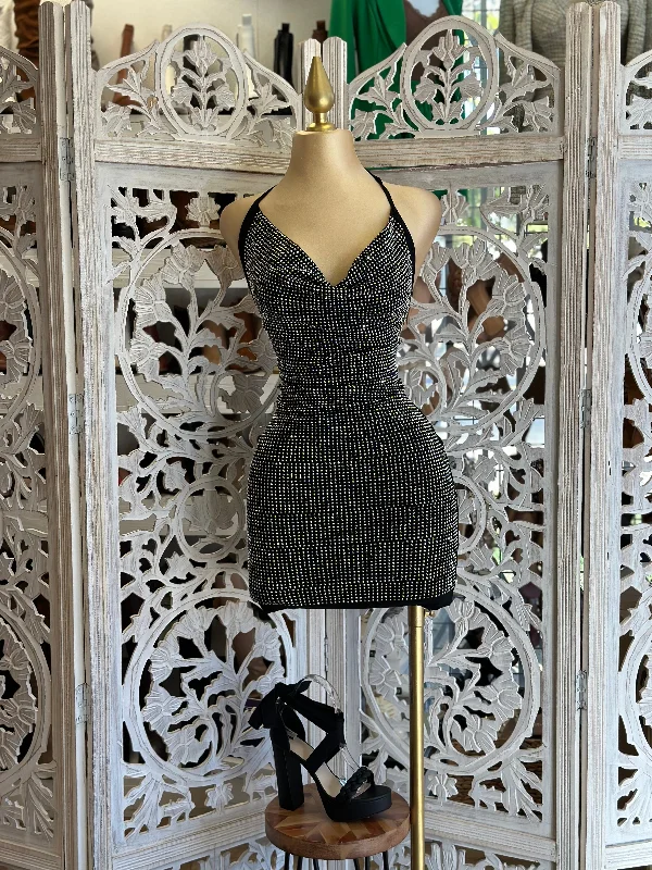 Party Dresses with Satin and Lace Trimmed Neckline and Ruffled Sleeves and Embroidered Skirt for Ladies' Sophisticated and Intricate LookRhinestone Cowl Mini Dress