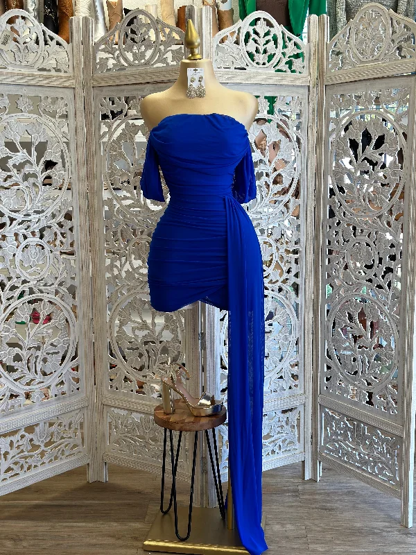 Party Dresses with Sheer Sleeve and Sequined Cuffs and Bow at the Waist and Embroidered Skirt for Ladies' Elegant and Intricate LookRoyal Blue Tailed Dress Party Dresses with Sheer Sleeve and Sequined Cuffs and Bow at the Waist and Embroidered Skirt for Ladies' Elegant and Intricate LookRoyal Blue Tailed Dress