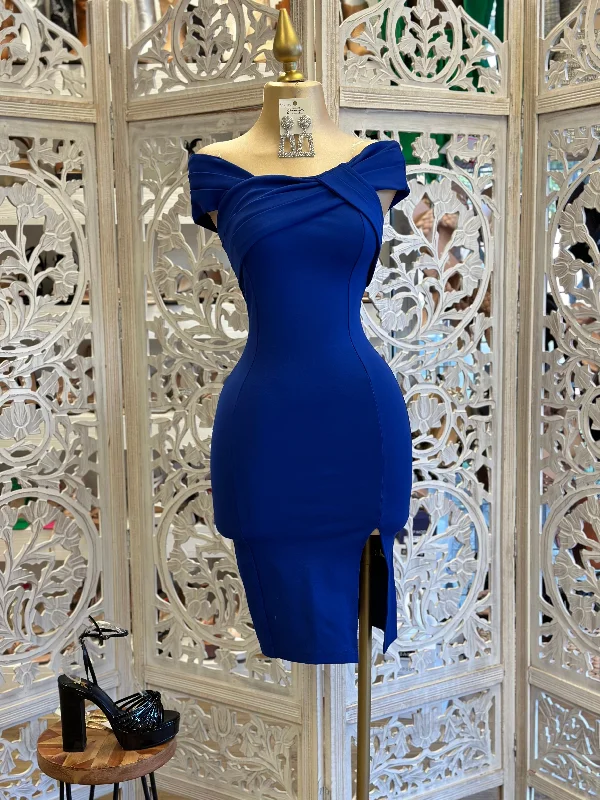 Party Dresses with Sequined Floral Motifs and Satin Ribbon Detailing for Ladies' Elegant and Delicate LookRoyal Blue Twist Front Slit Dress Party Dresses with Sequined Floral Motifs and Satin Ribbon Detailing for Ladies' Elegant and Delicate LookRoyal Blue Twist Front Slit Dress