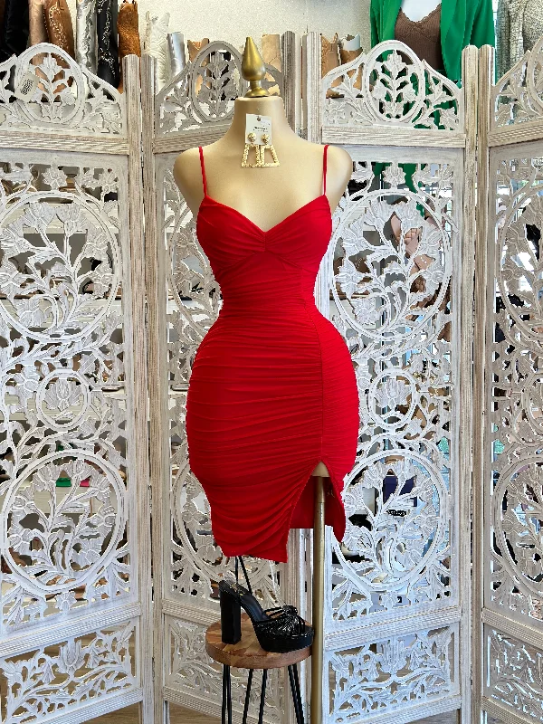 Sexy Backless Satin Party Dresses for Ladies' Night OutRuched Red Mini Dress
