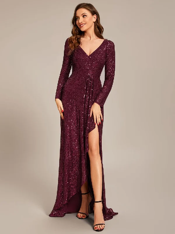 Party Dresses with Sheer Panels and Beaded Trim and Embroidered Paisley Patterns for Ladies' Sultry and Exotic LookSequin Long Sleeve V-neck Asymmetrical Hem Evening Dress Party Dresses with Sheer Panels and Beaded Trim and Embroidered Paisley Patterns for Ladies' Sultry and Exotic LookSequin Long Sleeve V-neck Asymmetrical Hem Evening Dress