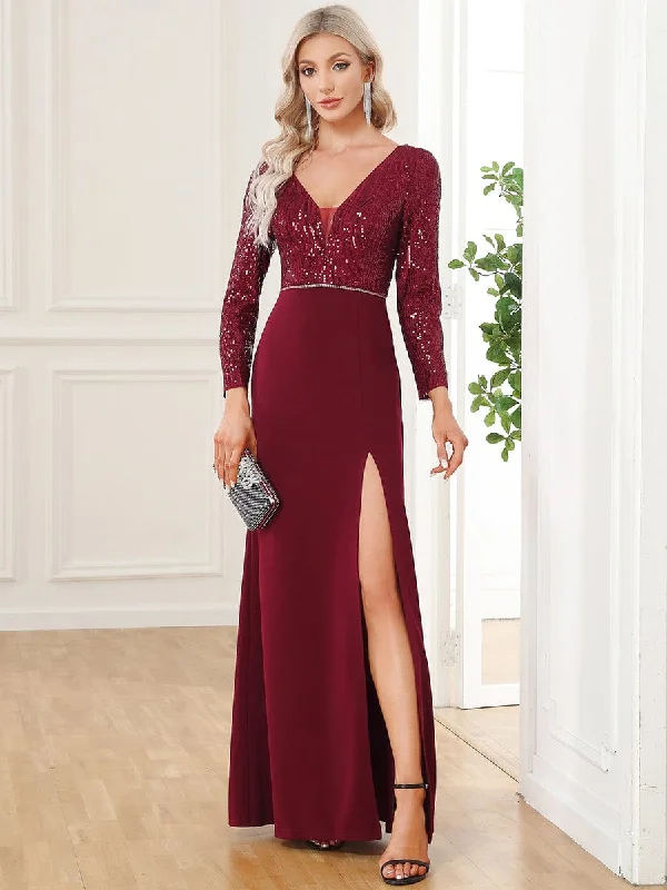 Party Dresses with Beaded Floral Wreath on the Bodice and High Low Hem for Ladies' Delicate and Dramatic LookSequin Long Sleeve V-Neck High Slit Evening Dress Party Dresses with Beaded Floral Wreath on the Bodice and High Low Hem for Ladies' Delicate and Dramatic LookSequin Long Sleeve V-Neck High Slit Evening Dress