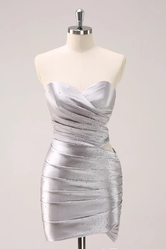 Party Dresses with Embroidered Stars and Sequined Dots and Sheer Sleeve for Ladies' Celestial and Elegant LookSilver Strapless Hollow Out Pleated Tight Graduation Dress with Beading Party Dresses with Embroidered Stars and Sequined Dots and Sheer Sleeve for Ladies' Celestial and Elegant LookSilver Strapless Hollow Out Pleated Tight Graduation Dress with Beading