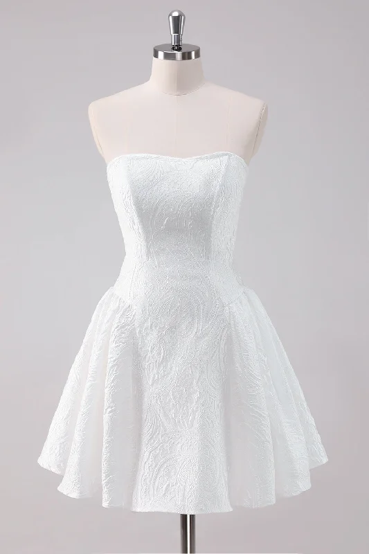 Party Dresses with Embroidered Tribal Patterns and Satin Sash for Ladies' Cultural and Stylish LookSimple White A-Line Strapless Short Graduation Dress