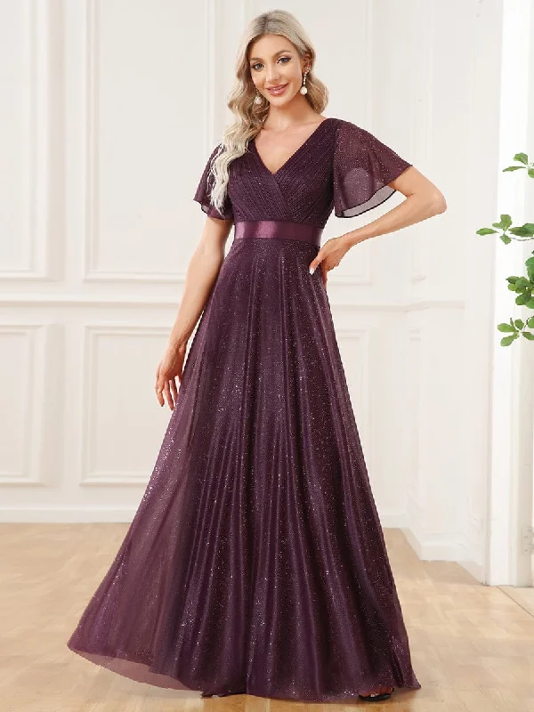 Party Dresses with Satin Trimmed Collar and Bow Back and Embroidered Skirt and Sequined Bodice for Ladies' Classic and Glamorous LookSparkling Short Sleeve V-Neck Ribbon Waist A-Line Evening Dress Party Dresses with Satin Trimmed Collar and Bow Back and Embroidered Skirt and Sequined Bodice for Ladies' Classic and Glamorous LookSparkling Short Sleeve V-Neck Ribbon Waist A-Line Evening Dress