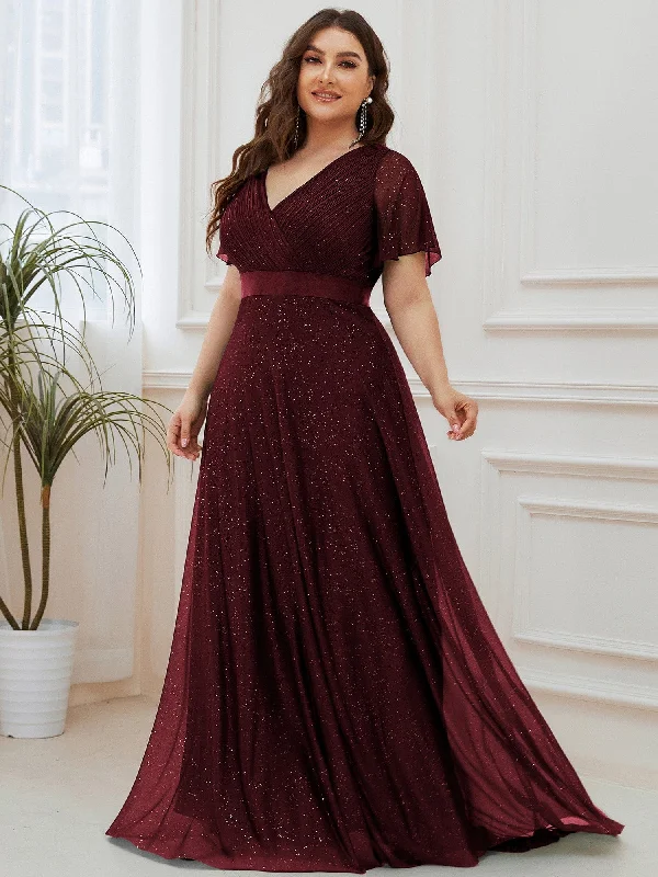 Party Dresses with Sequined Hearts and Ruffled Hem and Satin and Lace Combo and Bow at the Waist for Ladies' Romantic and Sweet LookPlus Size V Neck Ribbon Waist Formal Evening Dress With Sleeves Party Dresses with Sequined Hearts and Ruffled Hem and Satin and Lace Combo and Bow at the Waist for Ladies' Romantic and Sweet LookPlus Size V Neck Ribbon Waist Formal Evening Dress With Sleeves