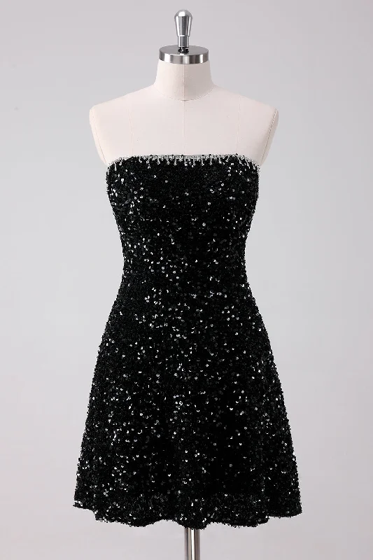Party Dresses with Sequined Geometric Shapes and Lace and Chiffon Blend and Ruffled Sleeves for Ladies' Modern and Dramatic LookSparkly Black A-Line Strapless Sequins Short Graduation Dress Party Dresses with Sequined Geometric Shapes and Lace and Chiffon Blend and Ruffled Sleeves for Ladies' Modern and Dramatic LookSparkly Black A-Line Strapless Sequins Short Graduation Dress