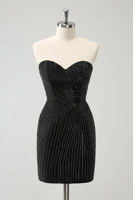 Party Dresses with Tulle Overlay and Beaded Bodice and High Low Hem for Ladies' Dramatic and Graceful LookSparkly Black Strapless Bodycon Mini Graduation Dress Party Dresses with Tulle Overlay and Beaded Bodice and High Low Hem for Ladies' Dramatic and Graceful LookSparkly Black Strapless Bodycon Mini Graduation Dress