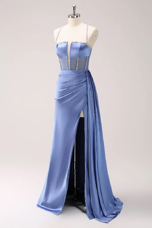 Party Dresses with Embroidered Tribal Patterns and Satin Sash for Ladies' Cultural and Stylish LookSparkly Blue Spaghetti Straps Corset Prom Dress with Lace-Up Back Party Dresses with Embroidered Tribal Patterns and Satin Sash for Ladies' Cultural and Stylish LookSparkly Blue Spaghetti Straps Corset Prom Dress with Lace-Up Back