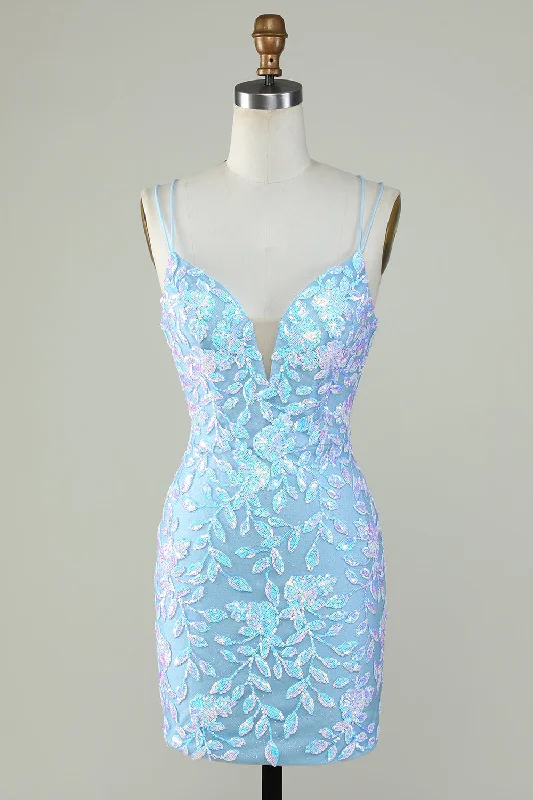Party Dresses with Sequined Hearts and Satin and Lace Combination for Ladies' Valentine's Day Party RomanceSparkly Lace-Up Back Light Blue Short Prom Dress Party Dresses with Sequined Hearts and Satin and Lace Combination for Ladies' Valentine's Day Party RomanceSparkly Lace-Up Back Light Blue Short Prom Dress