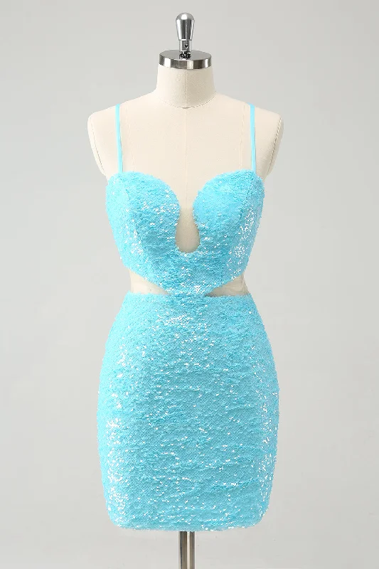 Party Dresses with Sequined Floral Motifs and Satin Ribbon Detailing for Ladies' Elegant and Delicate LookSparkly Light Blue Spaghetti Straps Sequin Tight Graduation Dress with Hollow Out Party Dresses with Sequined Floral Motifs and Satin Ribbon Detailing for Ladies' Elegant and Delicate LookSparkly Light Blue Spaghetti Straps Sequin Tight Graduation Dress with Hollow Out