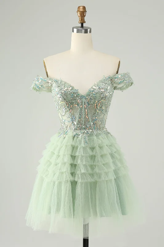 Neon Colored Party Dresses with Cut Out Details for Ladies' Rave PartiesSparkly Light Green A Line Off The Shoulder Corset Tulle Graduation Dress Neon Colored Party Dresses with Cut Out Details for Ladies' Rave PartiesSparkly Light Green A Line Off The Shoulder Corset Tulle Graduation Dress